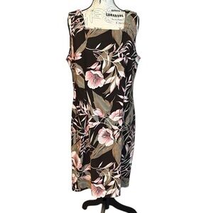 Dressbarn Sleeveless Dress Tropical Print Square Neck Brown and Pink Size 16